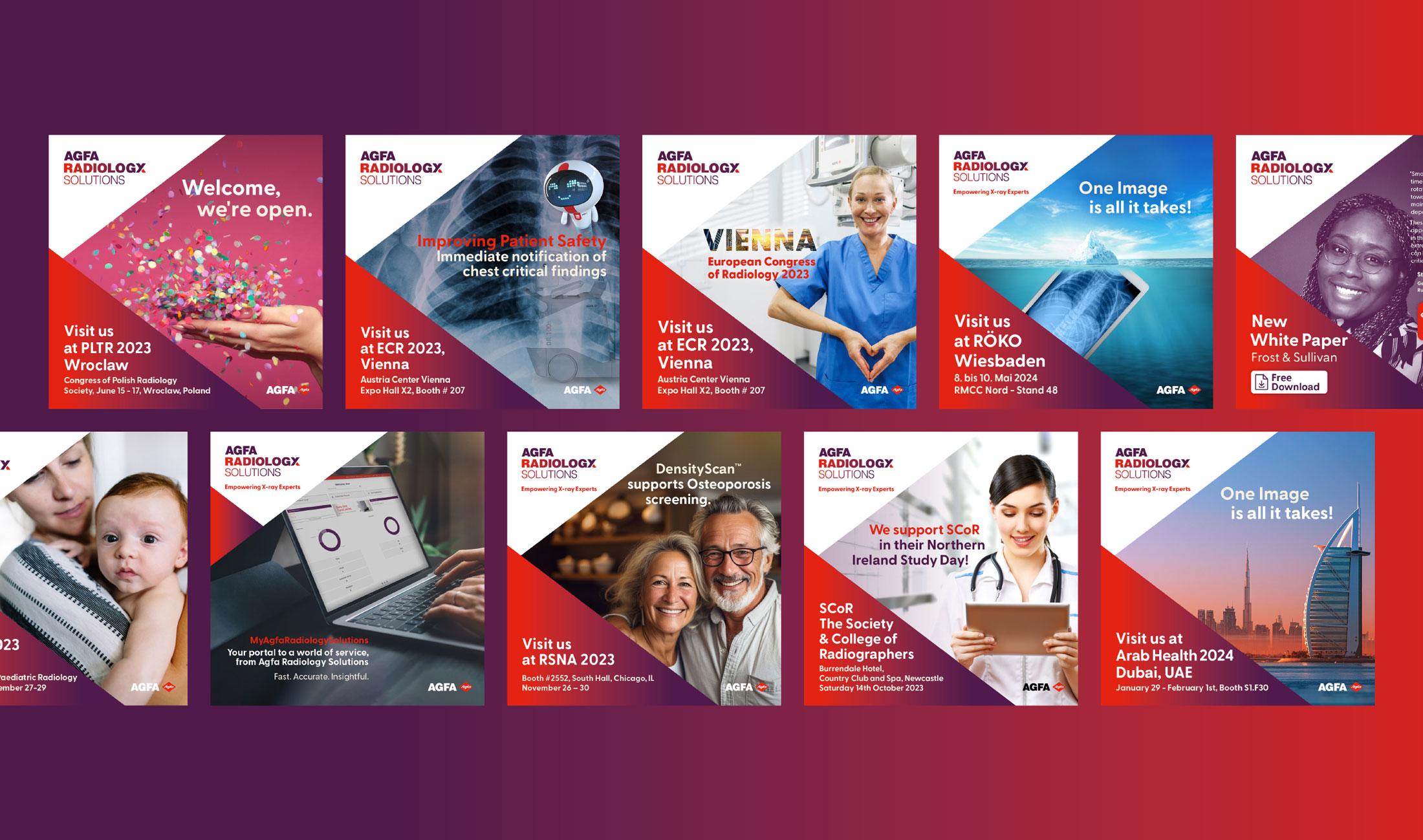 Overzicht van Agfa Radiology Solutions social media visuals voor events, productaankondigingen en campagnes.