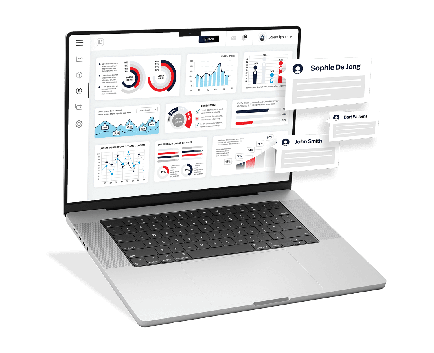 Laptop met een HR-dashboard vol grafieken, statistieken en gebruikerskaarten, die inzicht geven in employer-branding en rekruteringsdata.