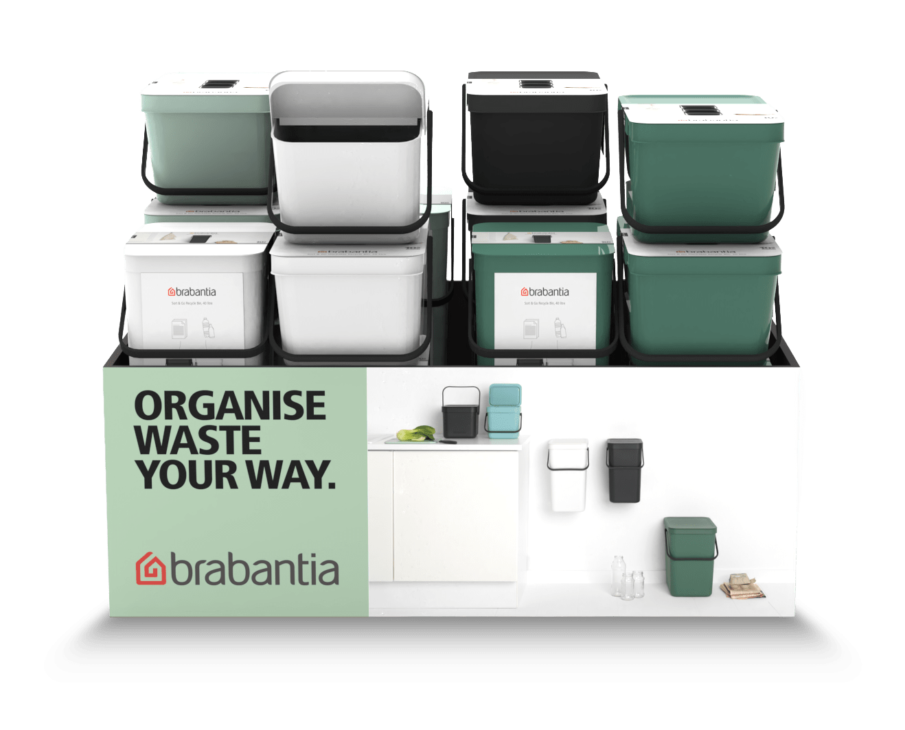 Brandle - Packaging display voor Brabantia Display met Brabantia Sort & Go afvalemmers in verschillende kleuren, gepresenteerd met campagne-boodschap “Organise waste your way”.