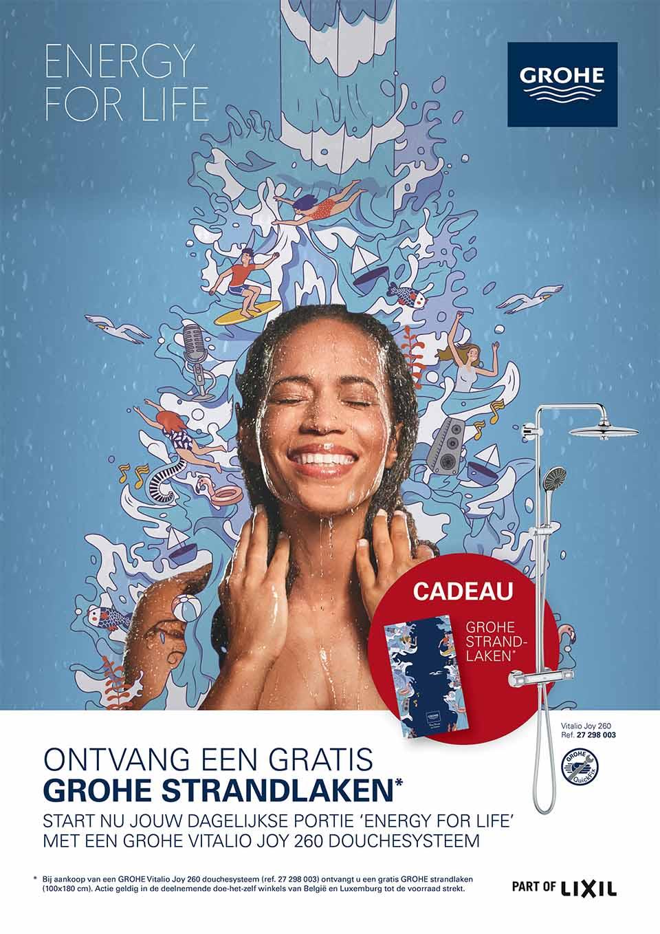 Campagnebeeld van vrouw onder de douche, omringd door illustraties die water en energie symboliseren.