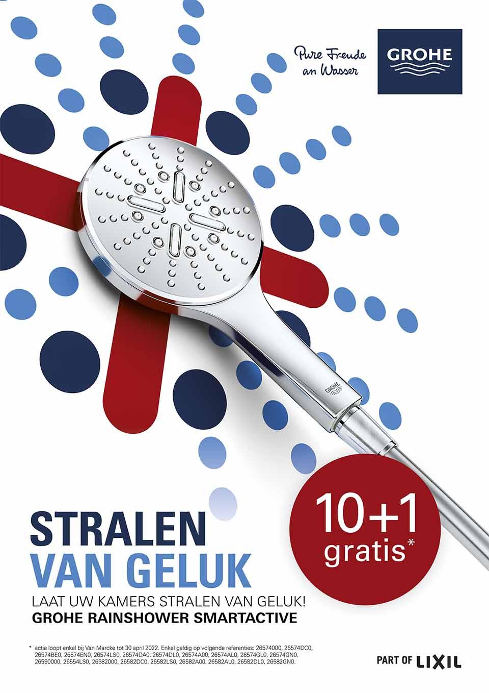 Productvisual van GROHE Rainshower met actie “10+1 gratis” en grafisch patroon.
