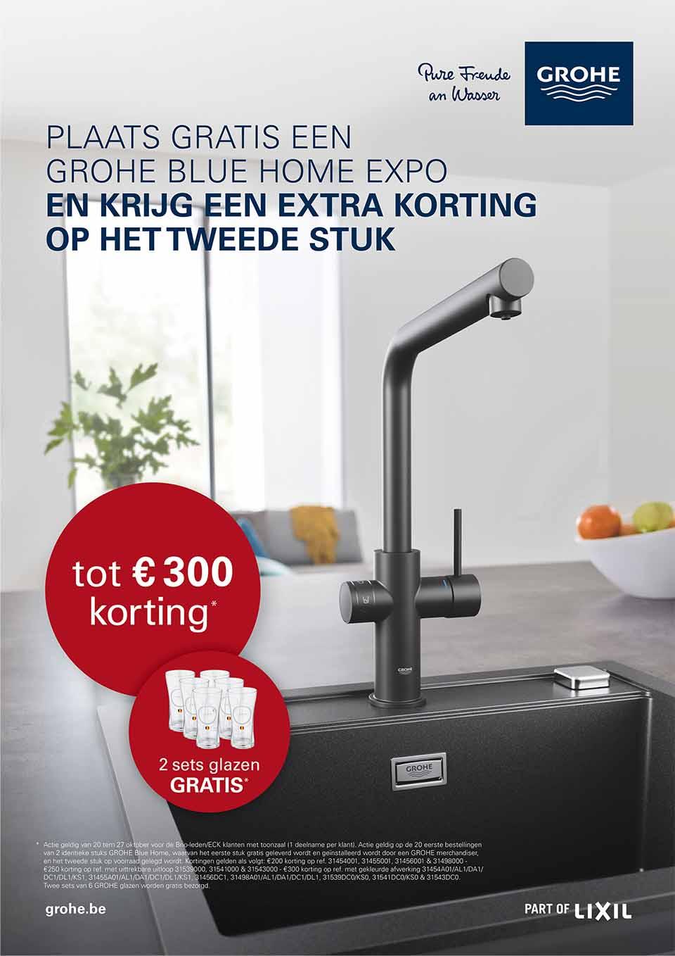 Keukenbeeld met GROHE Blue Home kraan en promotie voor extra korting en gratis glazen.