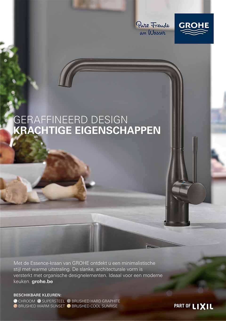 Minimalistische GROHE Essence kraan in moderne keuken met focus op design en afwerking.