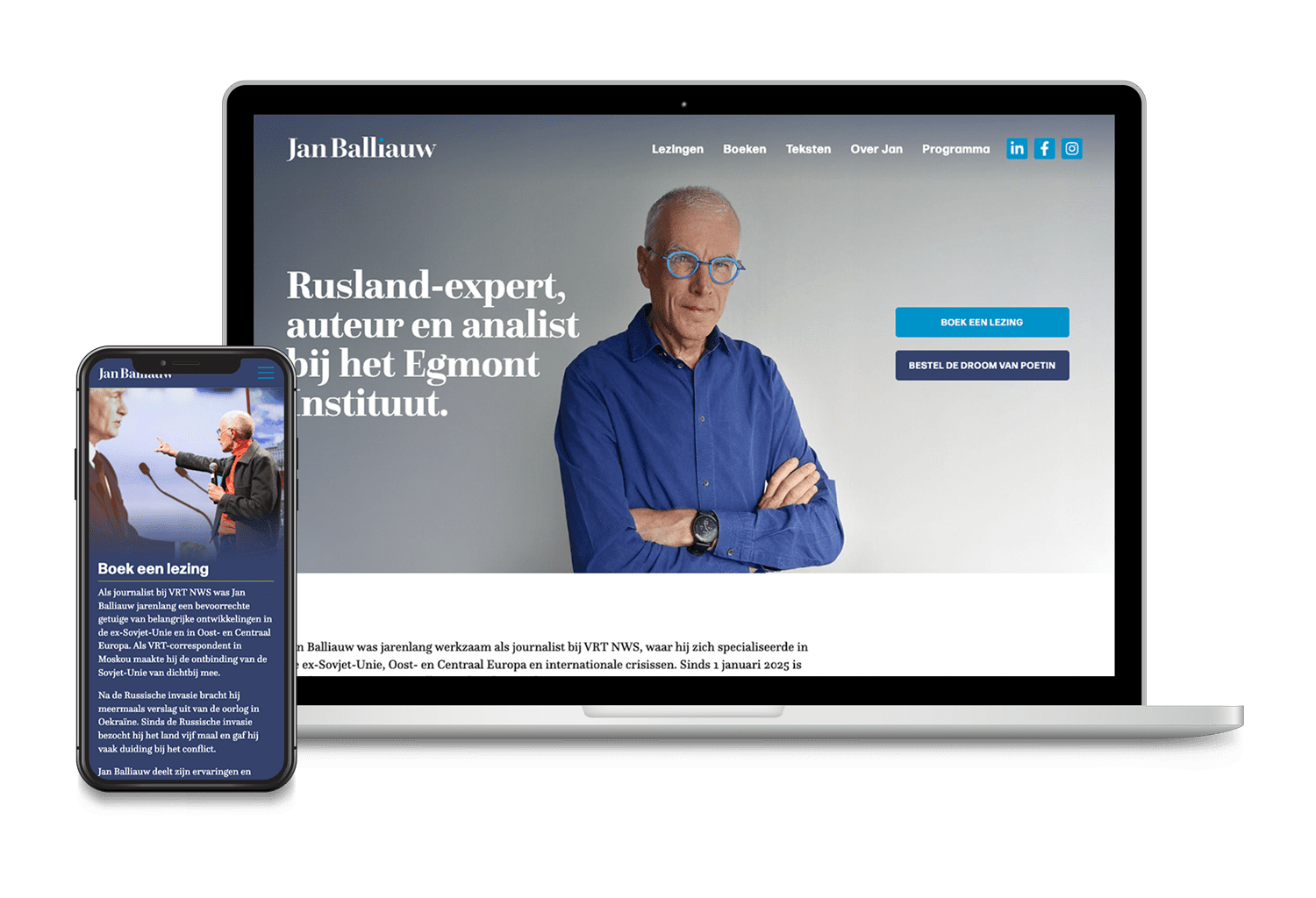 Website van Jan Balliauw op desktop en smartphone, met portret en tekst “Rusland-expert, auteur en analist”.