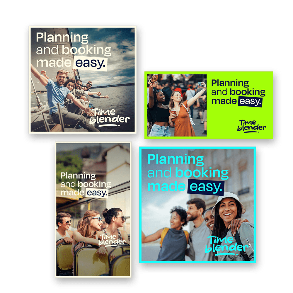Set van Timeblender advertenties met slogan “Planning and booking made easy”, toegepast op verschillende sociale media formaten.