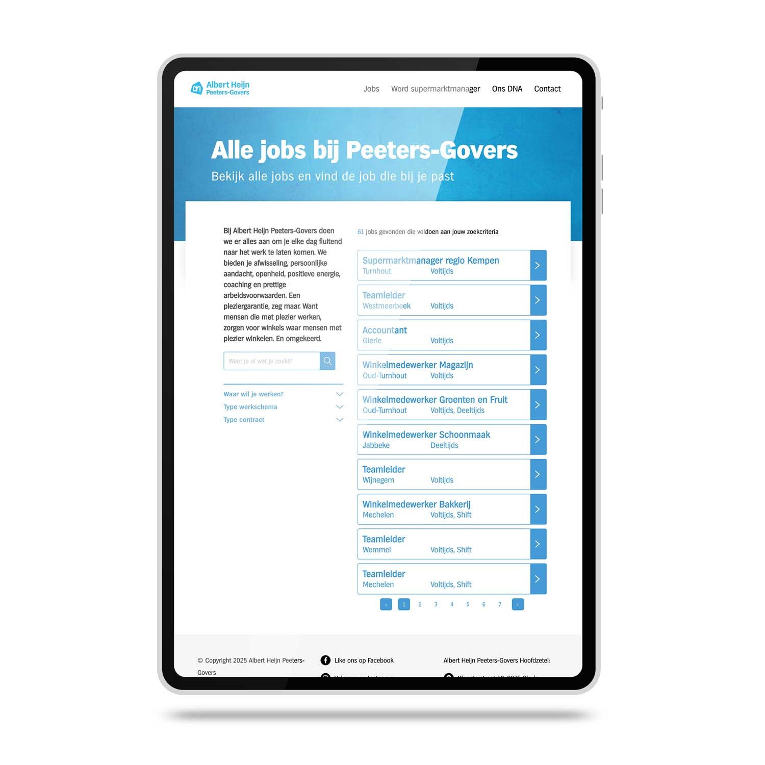 Tablet met overzicht van vacatures op de website van Albert Heijn Peeters-Govers.
