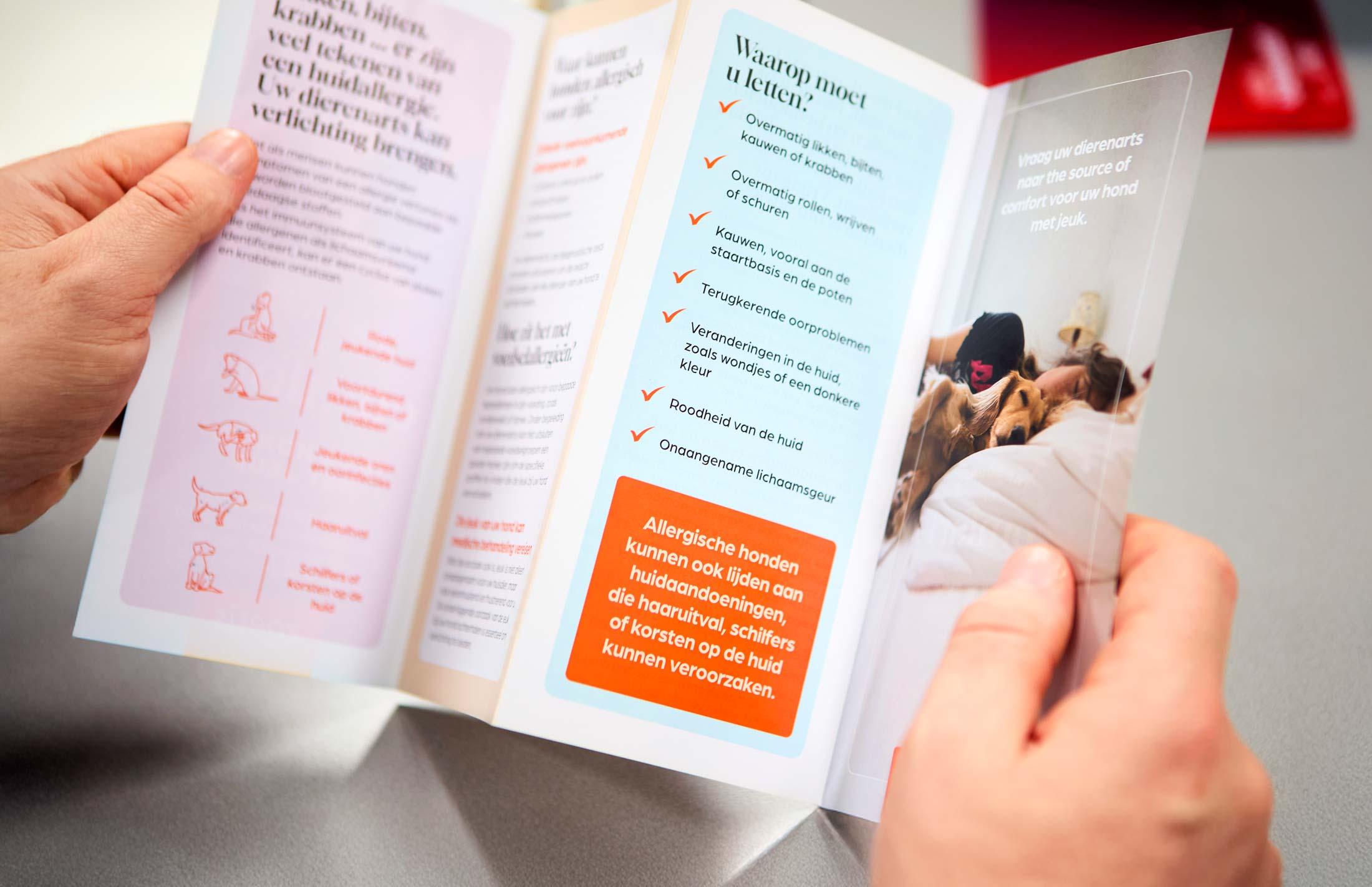 Opengevouwen folder over allergie bij honden van Zoetis met checklist, illustraties en foto van een hond bij zijn baasje.