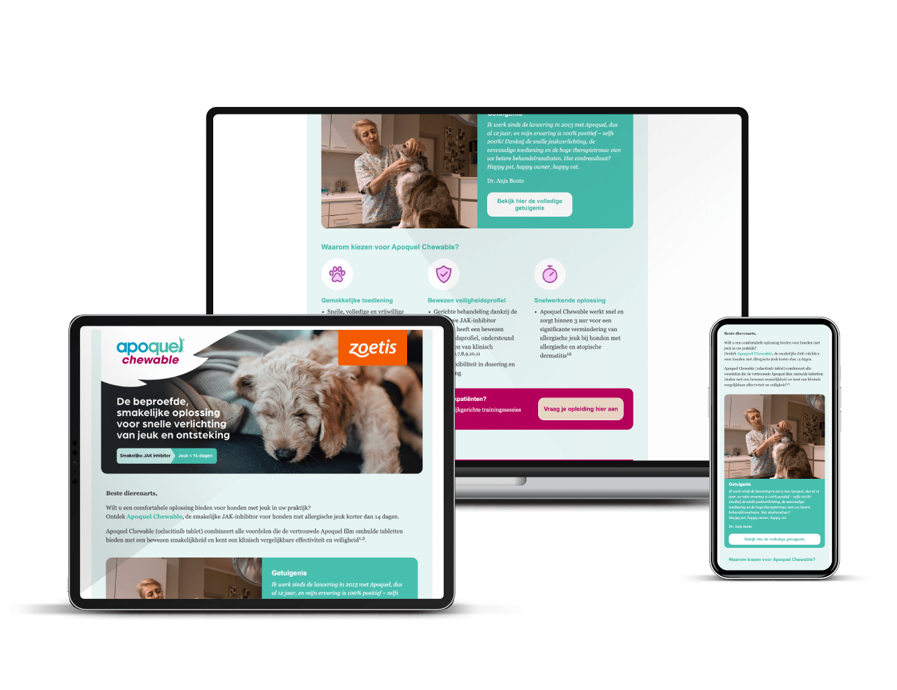 Responsive campagnebeeld voor Zoetis Apoquel Chewable met laptop, tablet en smartphone waarop de productpagina en e-mailing zichtbaar zijn.