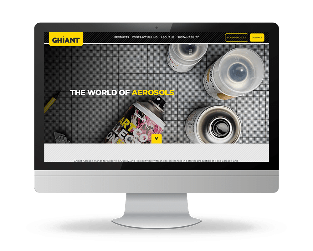 Desktopweergave van de Ghiant-website met de slogan “The world of aerosols” en close-ups van spuitbussen en aerosolverpakkingen.